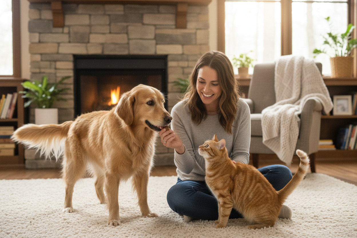 Person treating dog and cat